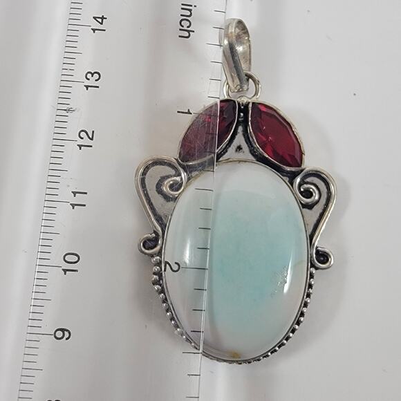 Larimar Pendant Necklace – With Garnet Accents + 20" Silver Snake Chain - Picture 8 of 10